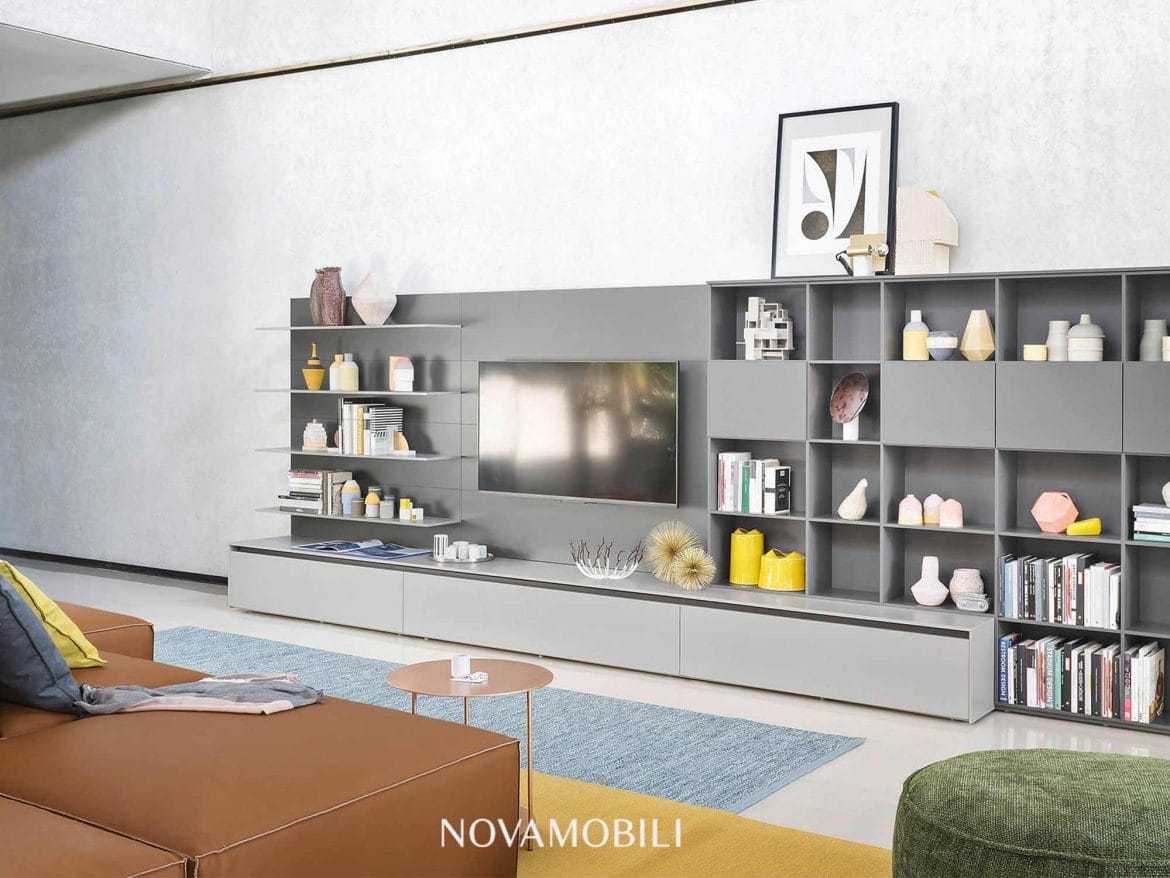 Modern living room interior design by Hubble with sofa and shelving