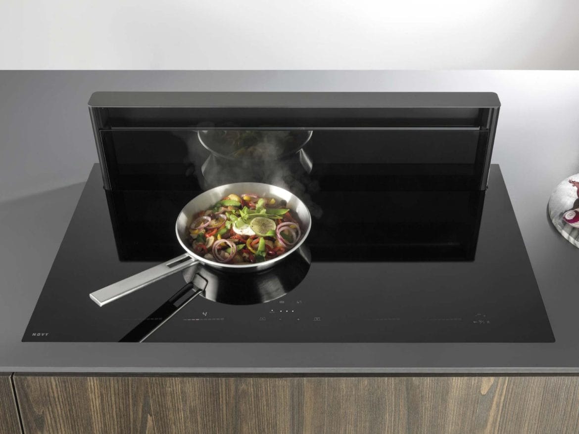 Downdraft kitchen hob example with pan - Hubble Kitchens